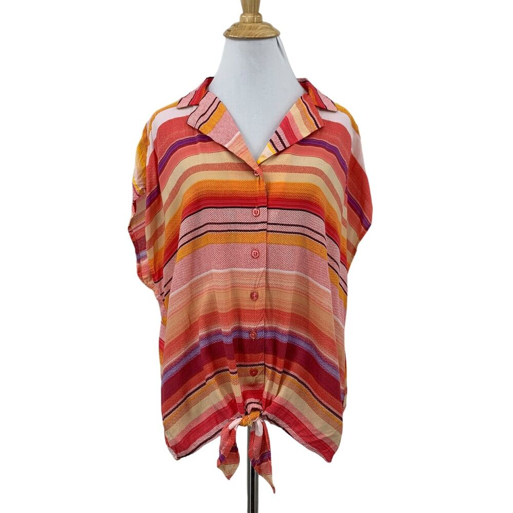 Torrid Challis Blouse Womens 00 Sunset Striped Front Tie Waist Notch Cap Sleeve